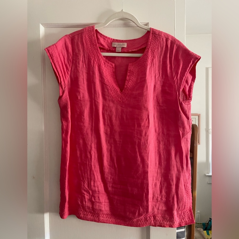 Pink V-neck St Tropez Linen Blouse